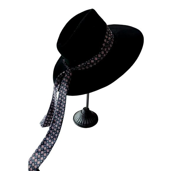 Zara Black Felt Hat with Printed Scarf Size Medium Boho Bohemian - Picture 3 of 10